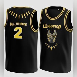 Killmonger 2 Wakanda Black Panther black/gold stitched mesh basketball jersey.